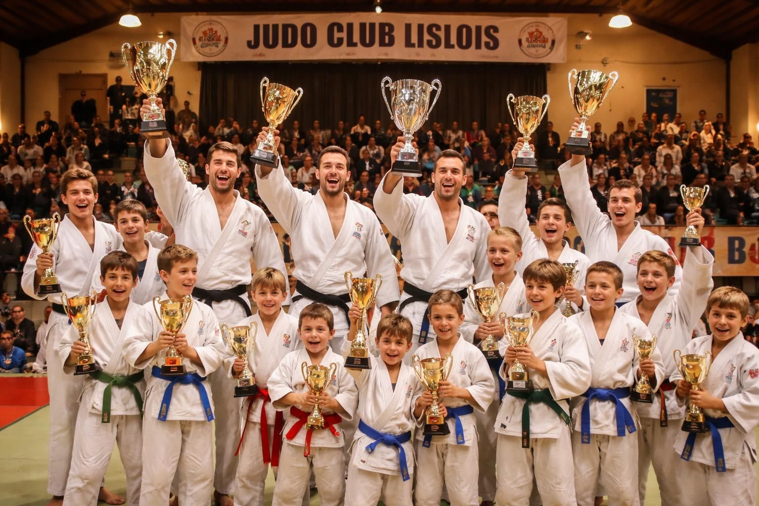 le judo club lislois de lisle-sur-tarn fête ses nouveaux champions de france dans une ambiance festive et sportive.